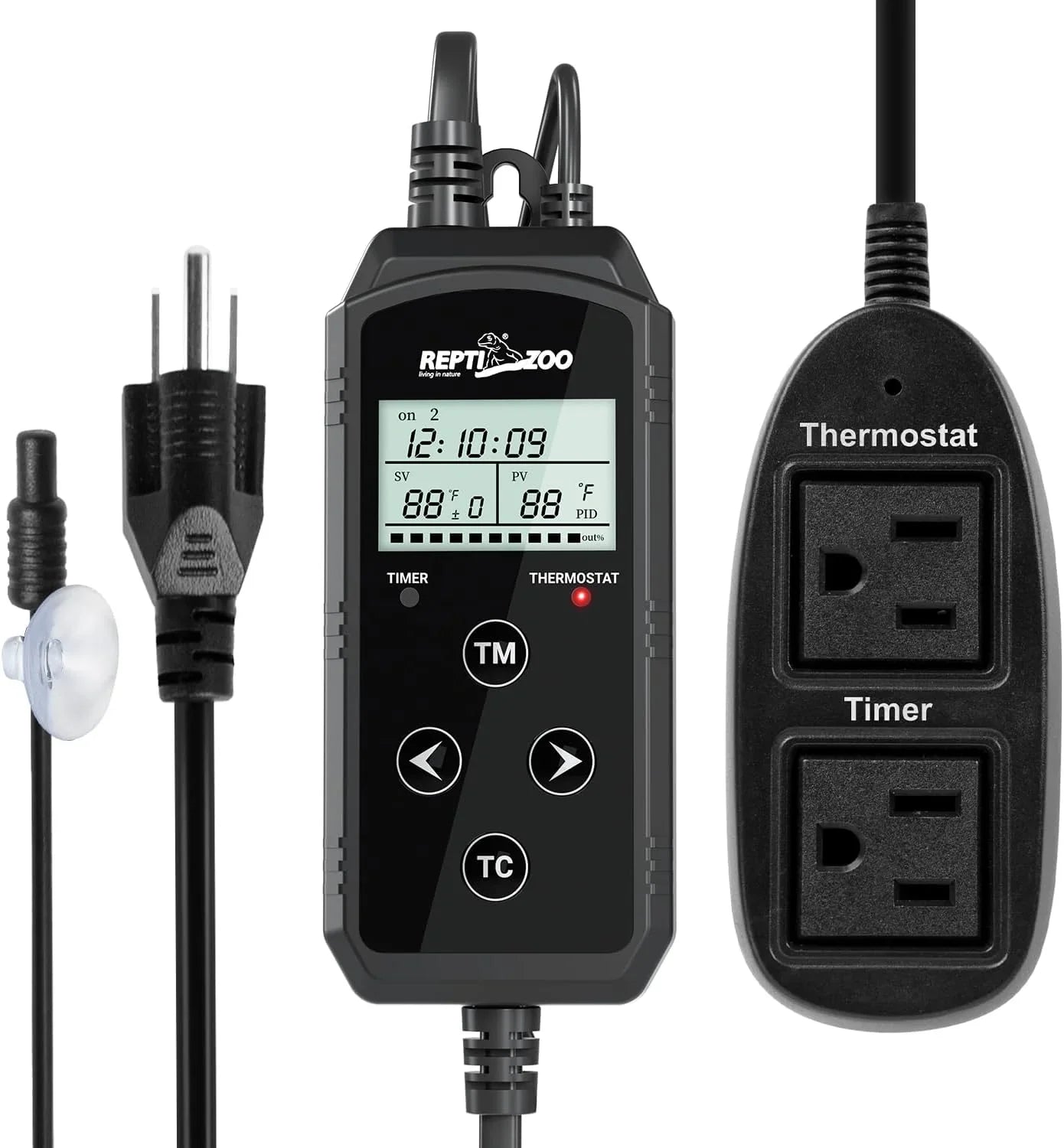 Digital reptile thermostat timer controller with LCD display and dual outlets for terrarium heating Main image
