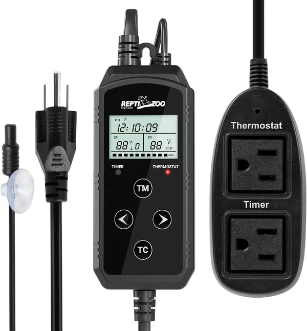 Digital reptile thermostat timer controller with LCD display and dual outlets for terrarium heating
