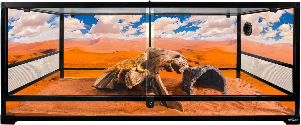 Glass reptile terrarium with desert background, sand substrate, log, cave, and bearded dragon
