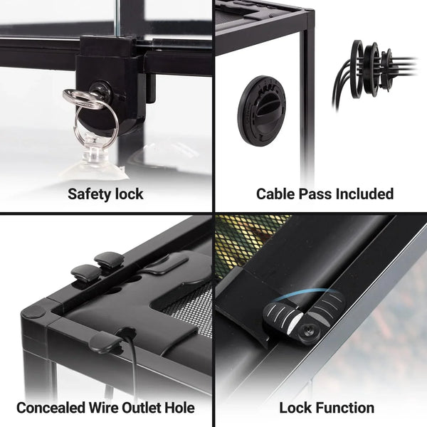 Reptile terrarium features safety lock, cable pass, wire outlet hole, and lock function.