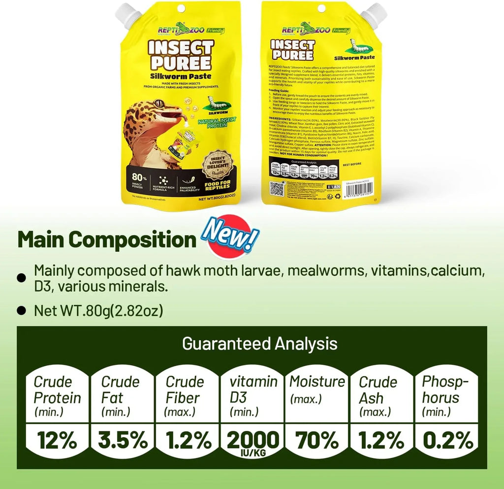 Premium Insect Puree Gecko Food, Silkworm Paste for Healthy Lizards & Reptiles