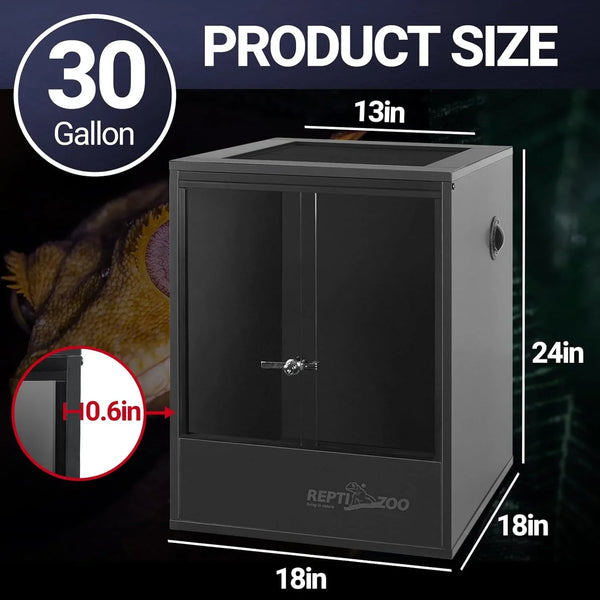 30 gallon black reptile terrarium, glass cage with lock, 24x18x18 inches, product dimensions shown
