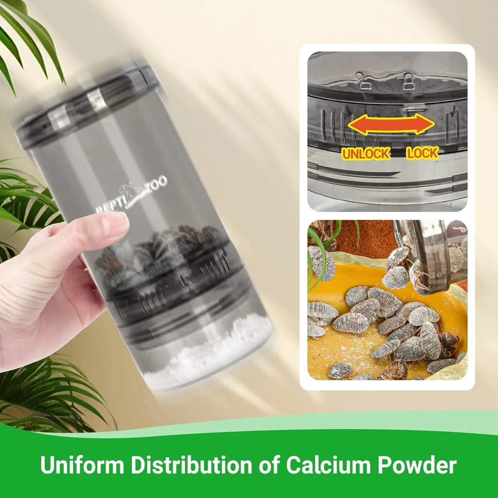 Reptile calcium powder shaker bottle with lock mechanism, shown dusting feeder insects