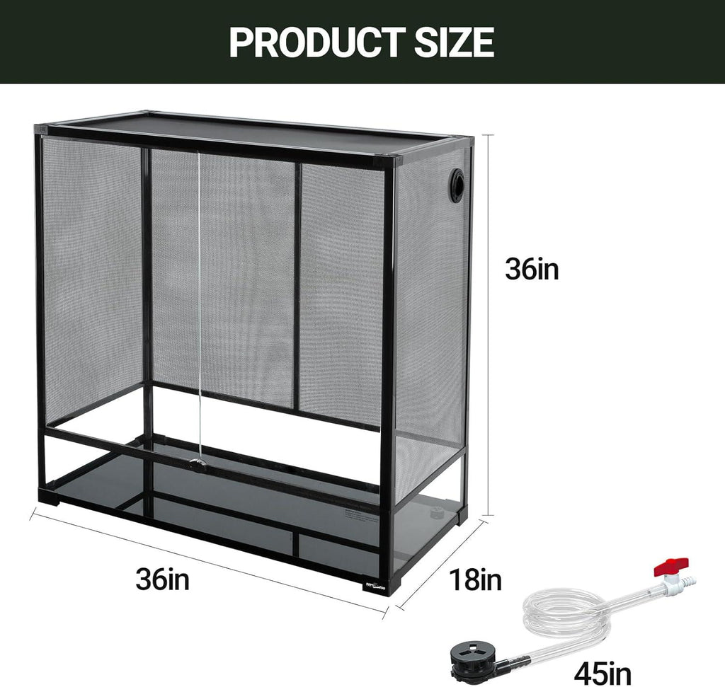 Large mesh reptile terrarium cage with front door, 36x18x36 inches, and included 45-inch tube.