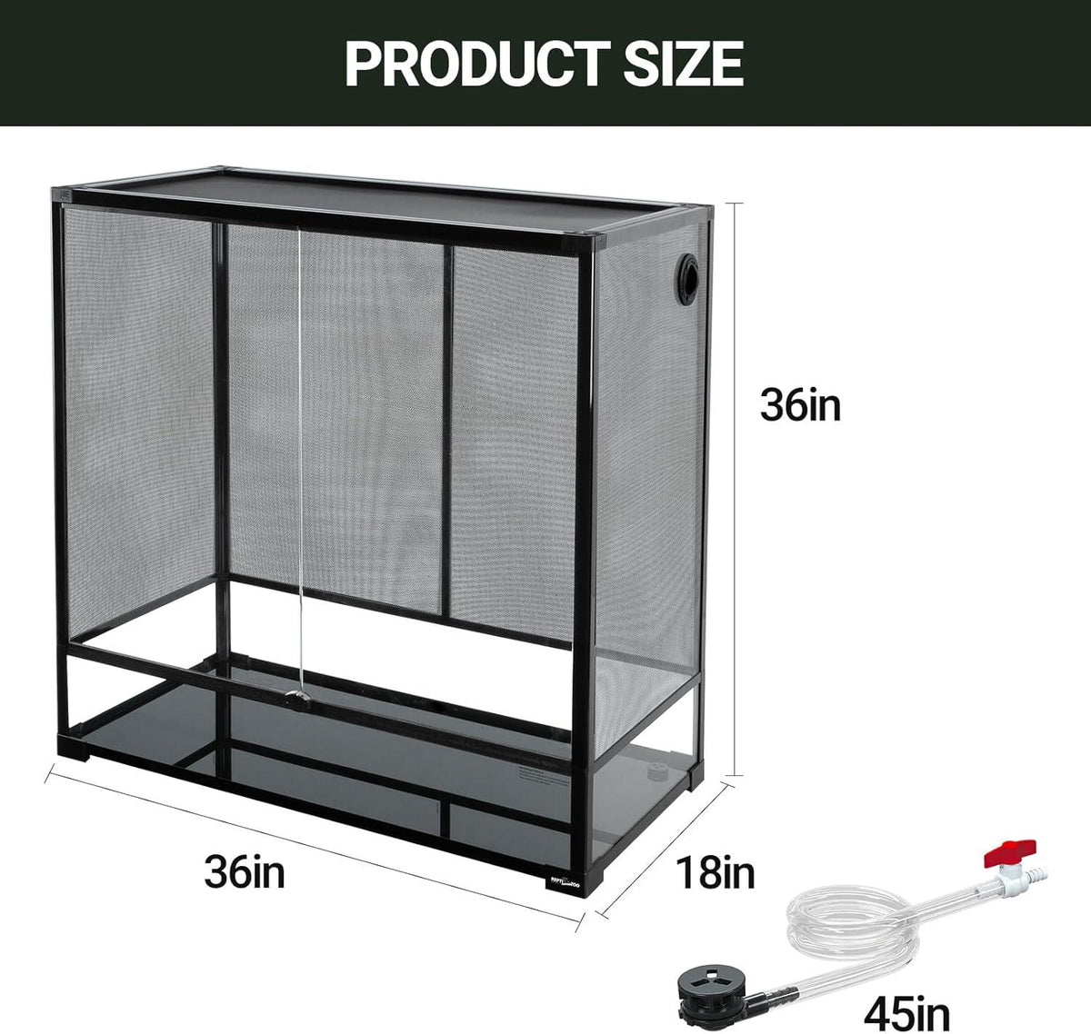 Large mesh reptile terrarium cage with front door, 36x18x36 inches, and included 45-inch tube.