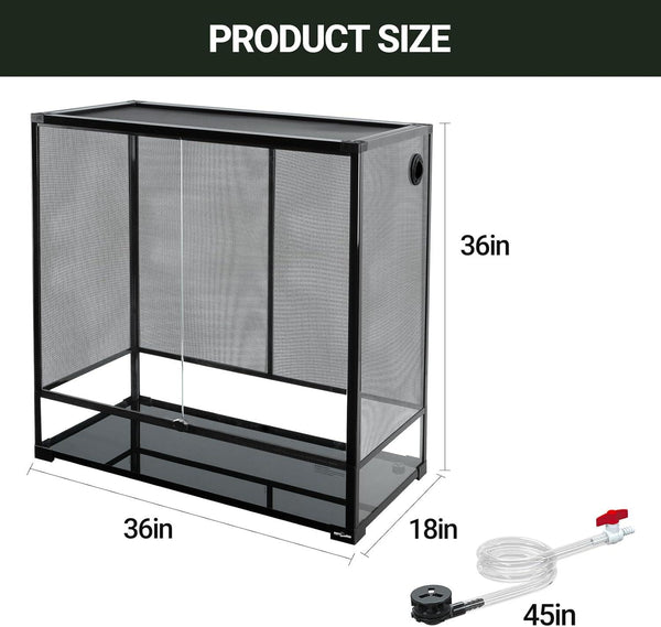 Large mesh reptile terrarium cage with front door, 36x18x36 inches, and included 45-inch tube.