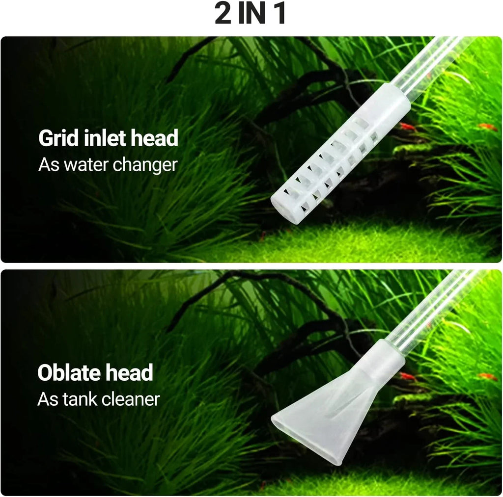 2-in-1 aquarium cleaning tool with grid inlet head for water changing and oblate head for tank cleaning.