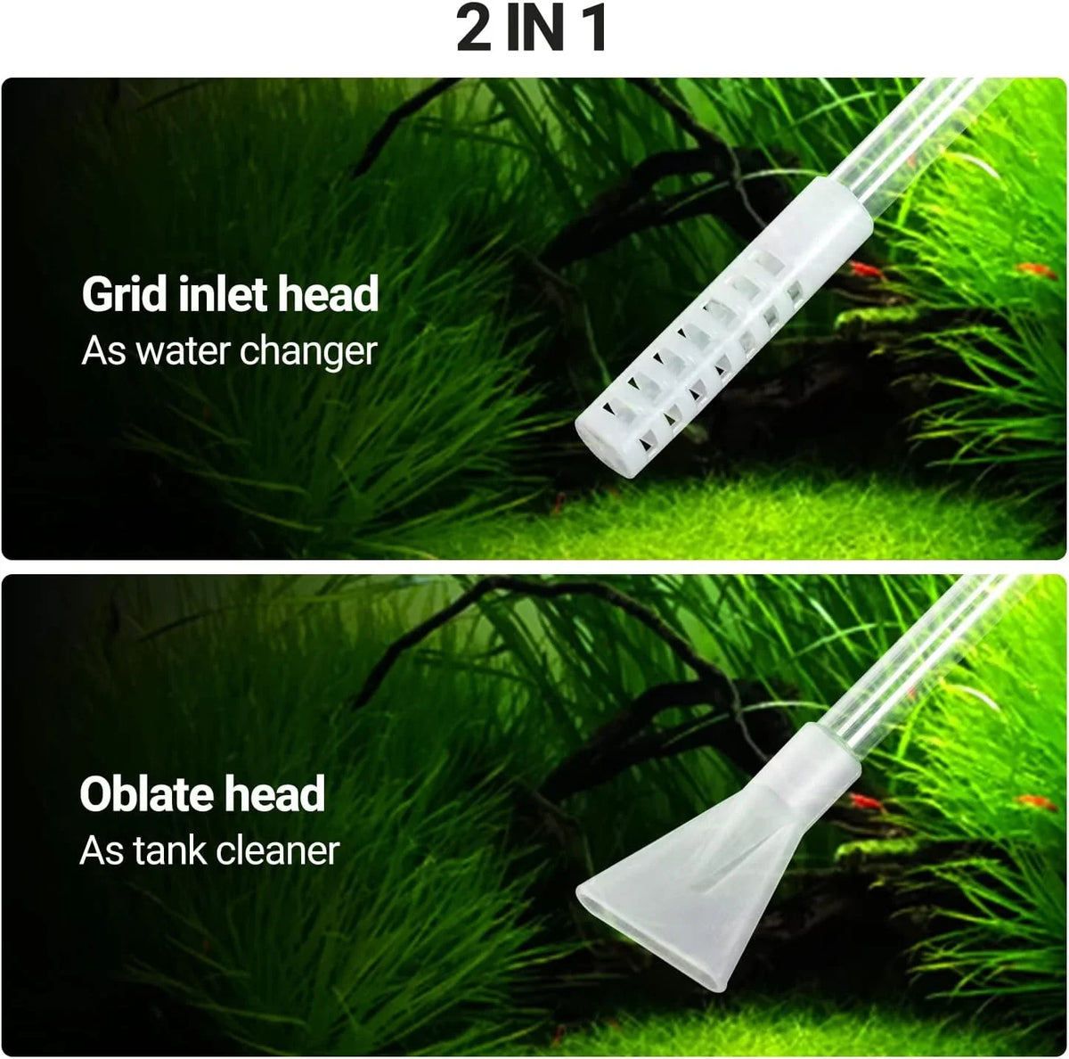 2-in-1 aquarium cleaning tool with grid inlet head for water changing and oblate head for tank cleaning.