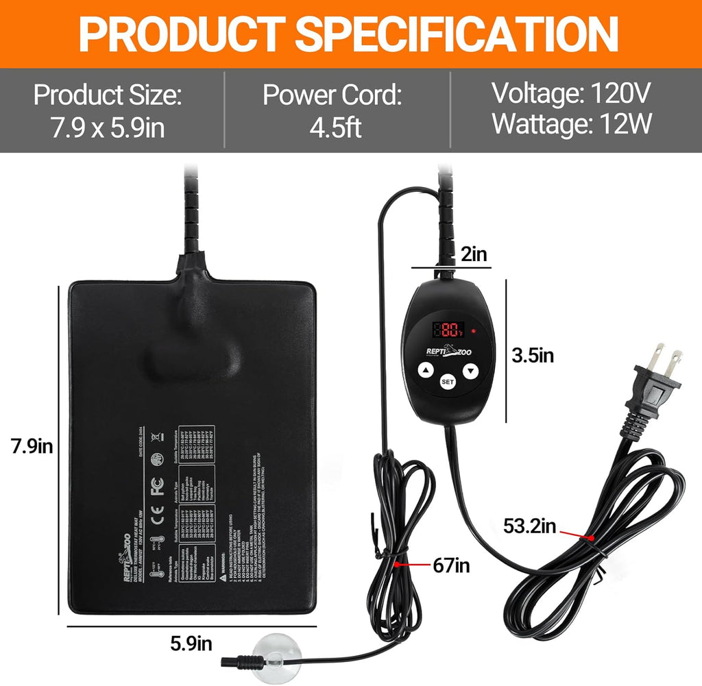 REPTI ZOO 6" X 8" Reptile Heat Pad Fast Heating Pad with Adjust Knob 8W / Adjustable Thermostat 12W Reptile Heat Mat