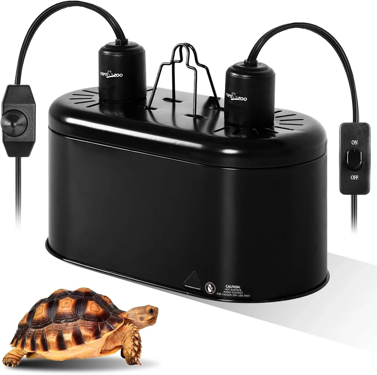 Black reptile fogger humidifier with control switches and a tortoise, ideal for terrariums.