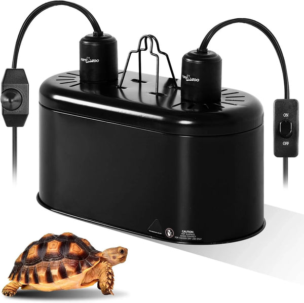 Black reptile fogger humidifier with control switches and a tortoise, ideal for terrariums.