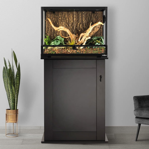 Glass reptile terrarium on black cabinet with natural wood, plants, and bark background