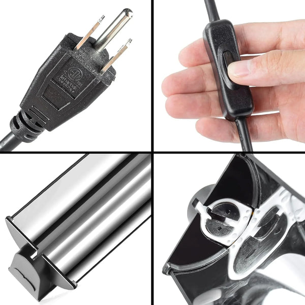 Close-up collage of reptile heat lamp parts with power plug, switch, housing, and socket.