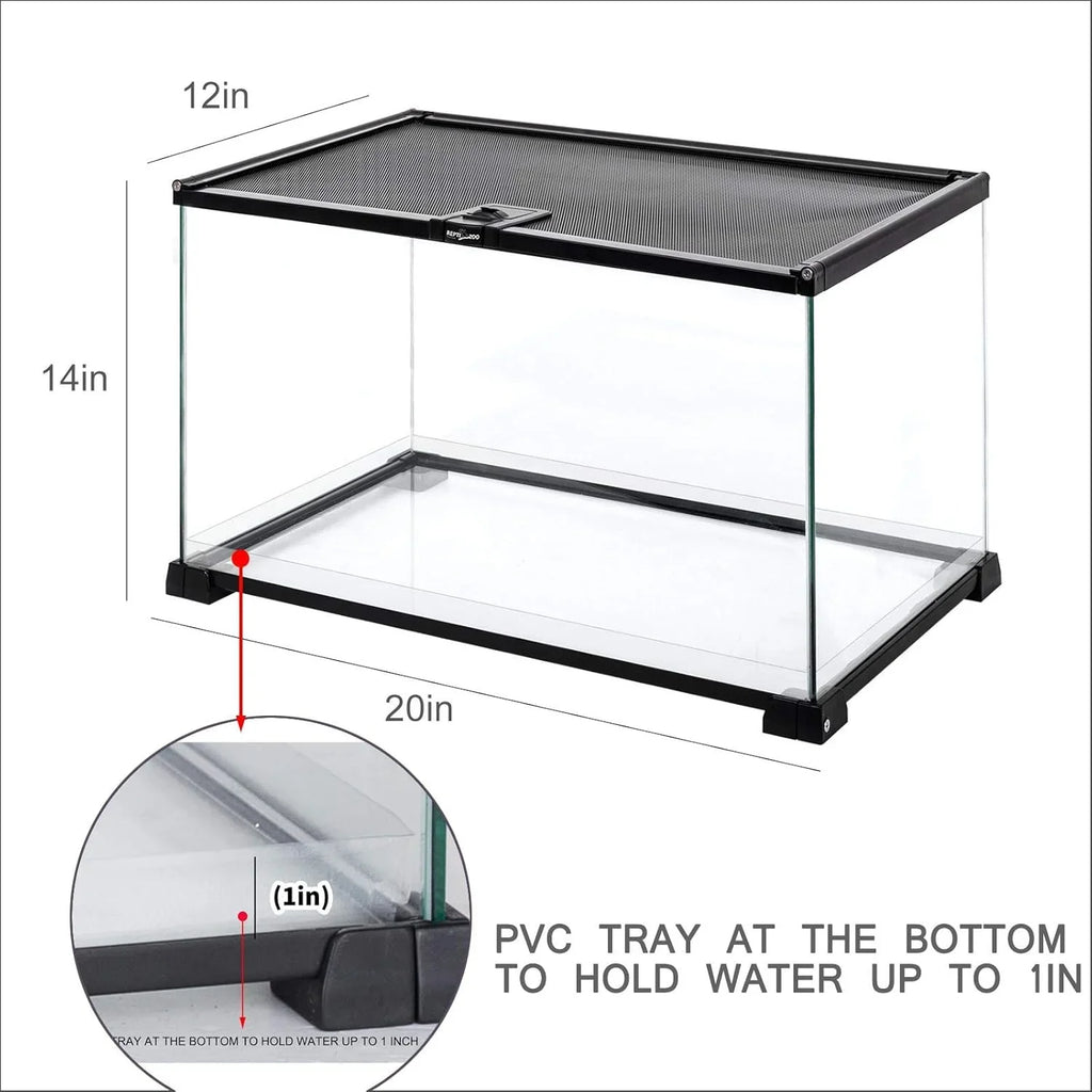 Glass reptile terrarium 20x12x14 inches with mesh top and 1-inch water-holding PVC tray.