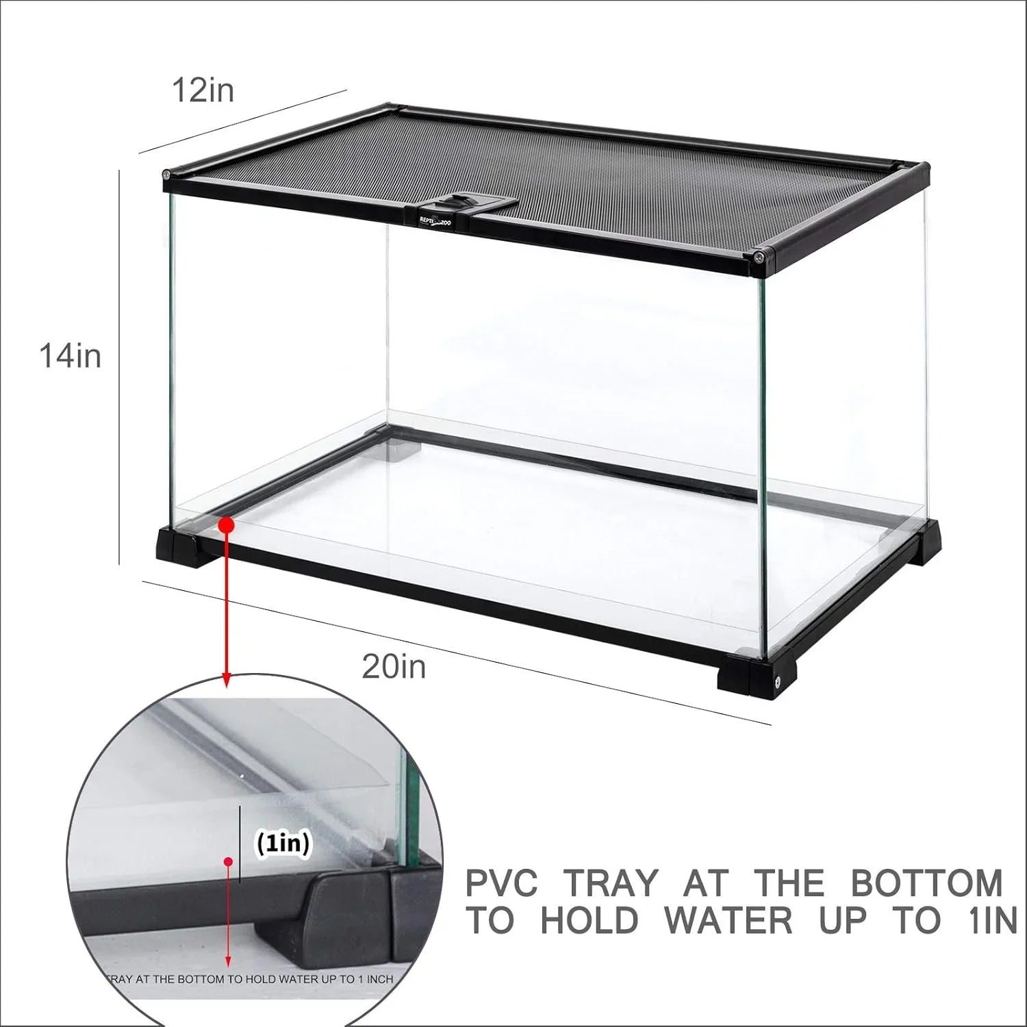 Glass reptile terrarium 20x12x14 inches with mesh top and 1-inch water-holding PVC tray.