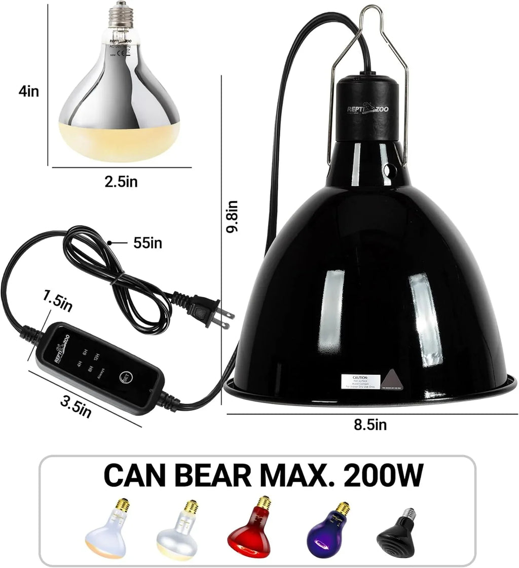 Reptile heat lamp fixture with power cord, bulb, size dimensions, supports up to 200W