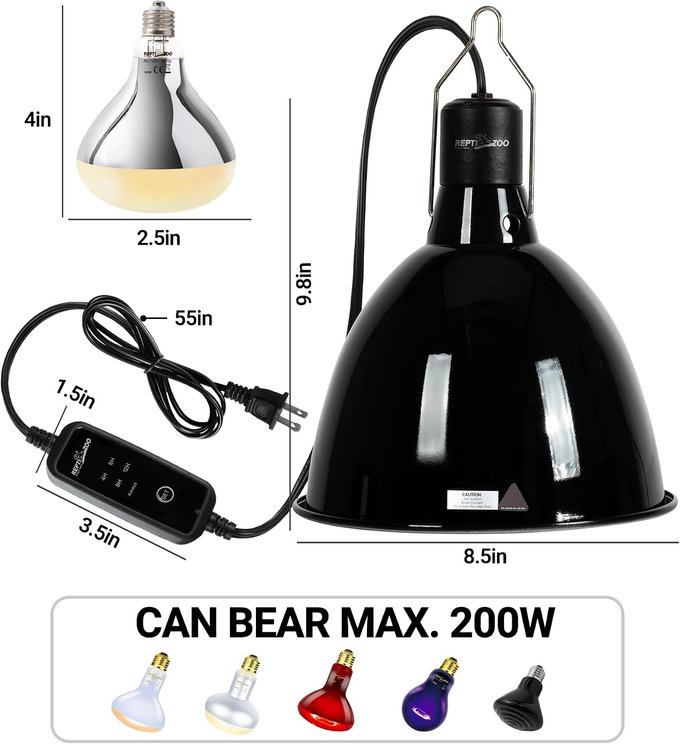 REPTI ZOO 8.5 Inch Reptile Terrariums Dome Lamp Fixture Reptile UVB Light Fixture with Timer Optical Reflection Cover for Reptile Glass Tank