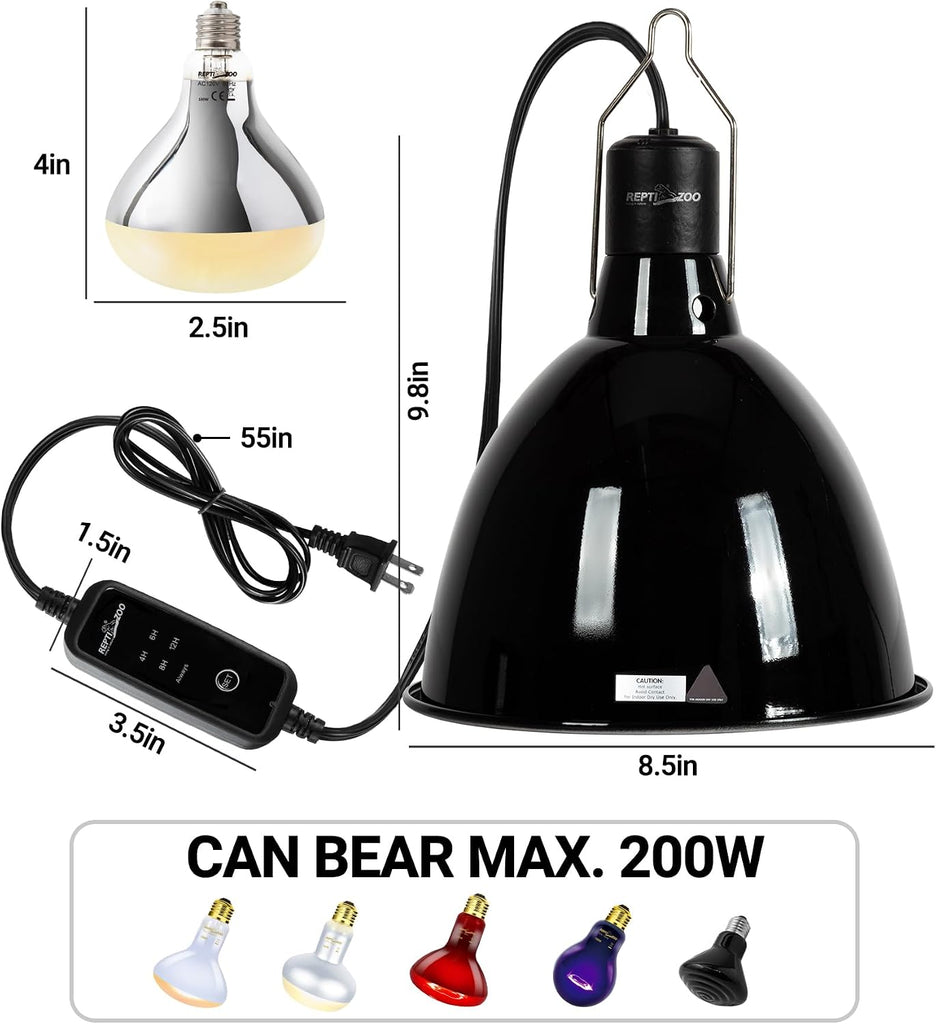 REPTI ZOO 8.5 Inch Reptile Terrariums Dome Lamp Fixture Reptile UVB Light Fixture with Timer Optical Reflection Cover for Reptile Glass Tank