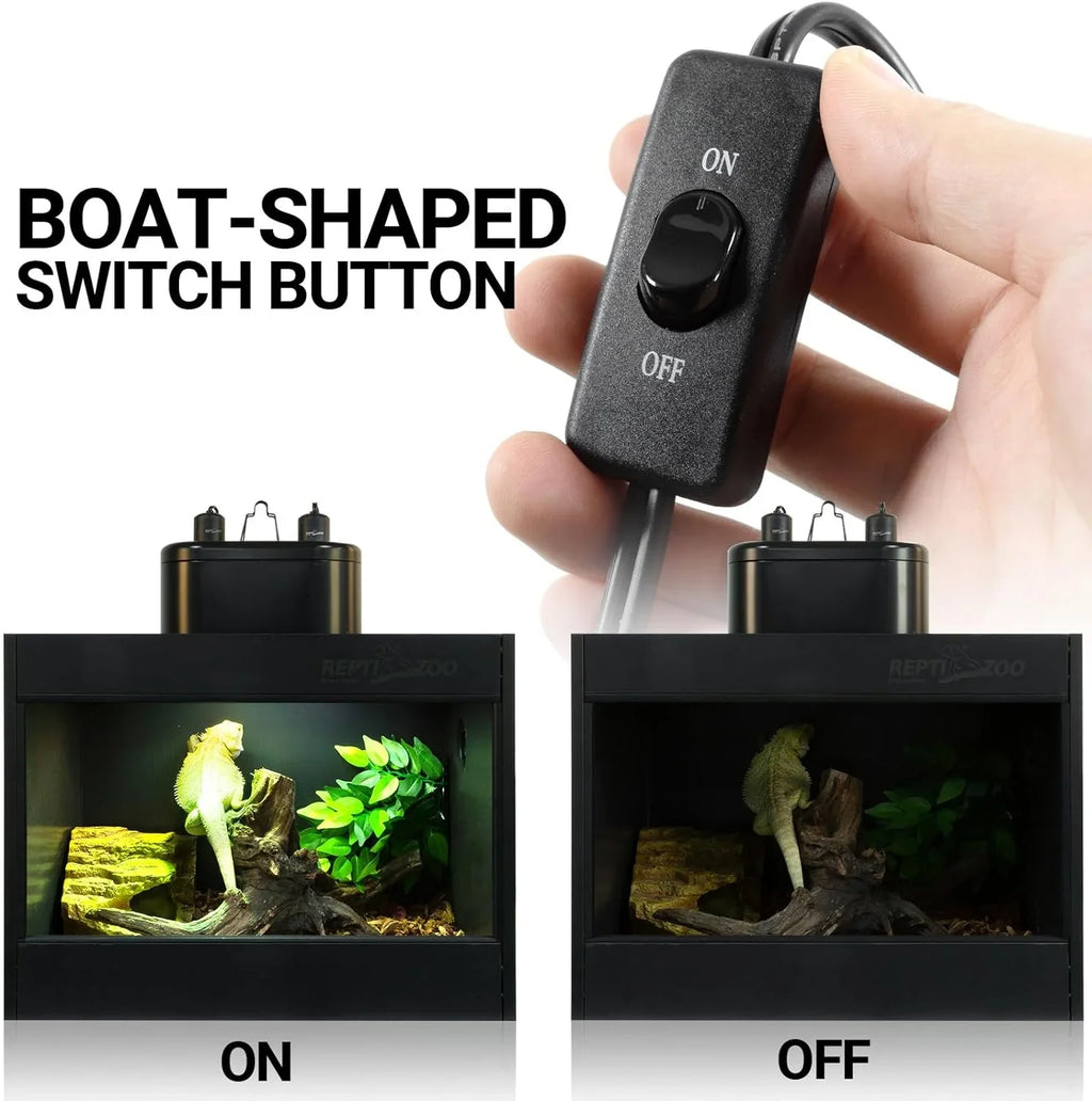 Reptile terrarium light with boat-shaped switch button, showing on and off settings