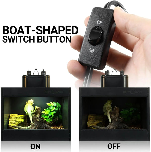 Reptile terrarium light with boat-shaped switch button, showing on and off settings