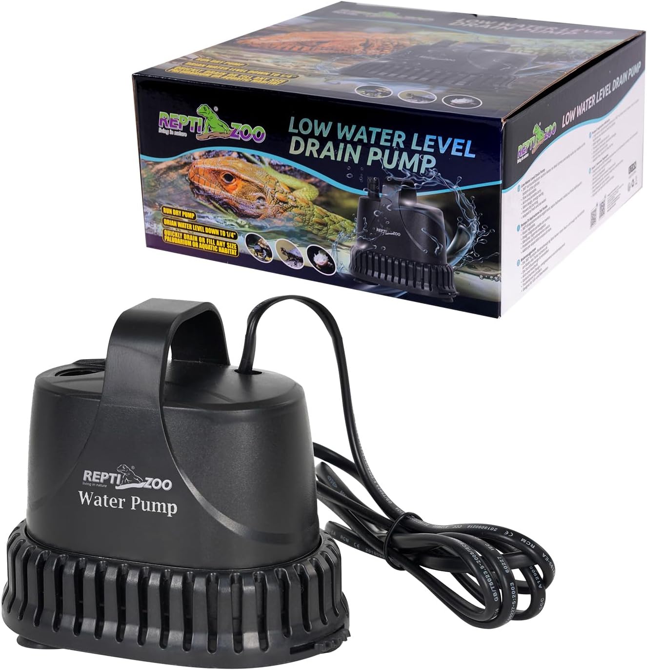 REPTIZOO Low-Water Level Drain Pump — Adjustable Flow for Turtle, Fish, and Paludarium Tanks