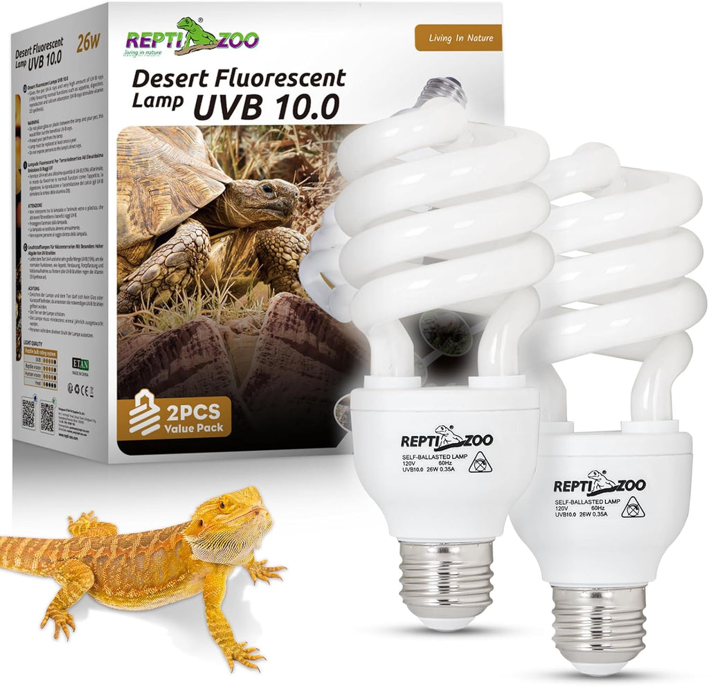 REPTI ZOO 2-Pack UVB Light for Desert Reptiles – 26W, 10.0 UVB with UVA, Spiral Compact Reptile Lamp for Bearded Dragons, Tortoises, Lizards & Snakes