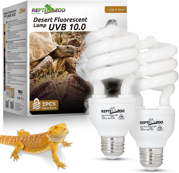 REPTI ZOO 2-Pack UVB Light for Desert Reptiles – 26W, 10.0 UVB with UVA, Spiral Compact Reptile Lamp for Bearded Dragons, Tortoises, Lizards & Snakes