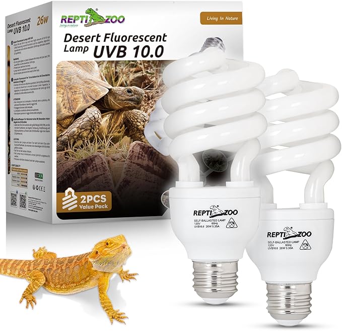 REPTI ZOO 2-Pack UVB Light for Desert Reptiles – 26W, 10.0 UVB with UVA, Spiral Compact Reptile Lamp for Bearded Dragons, Tortoises, Lizards & Snakes