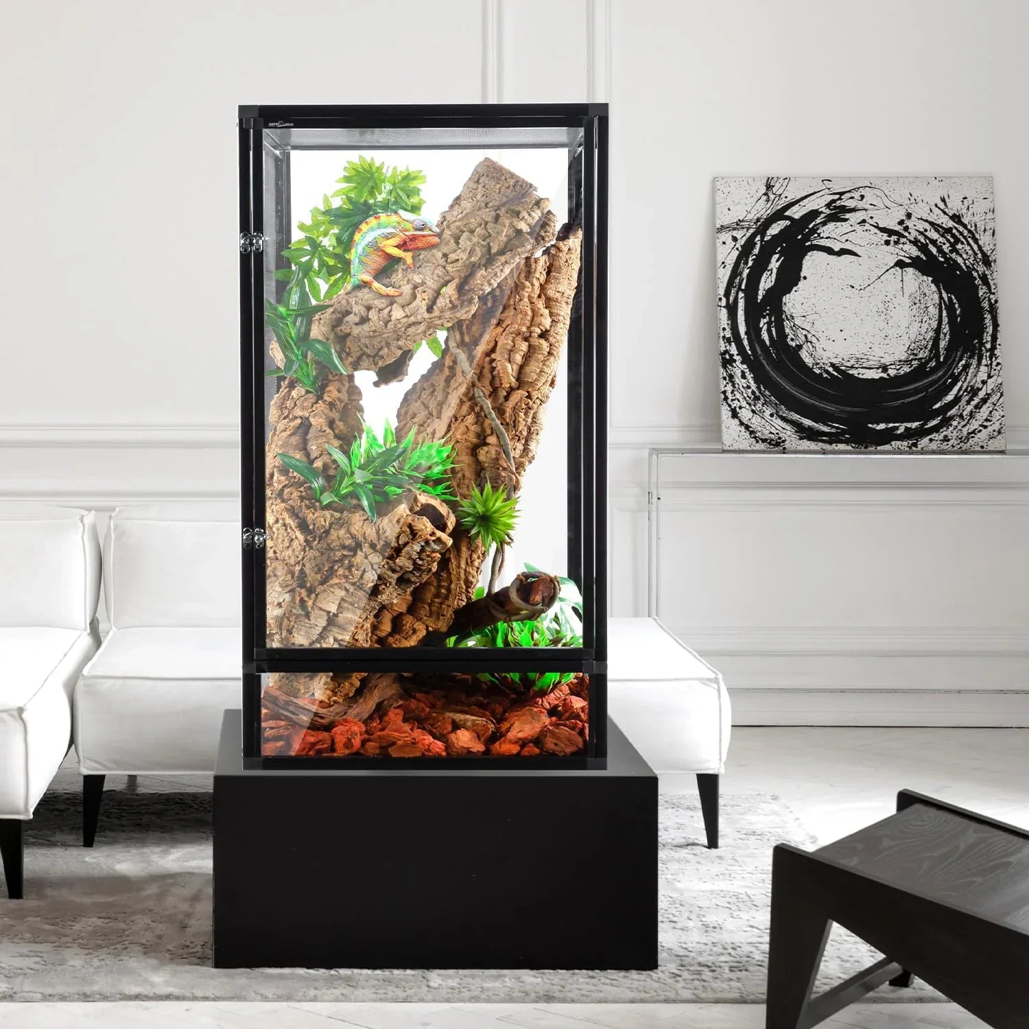 Tall glass reptile terrarium with cork bark, green plants, and a colorful chameleon inside Main image