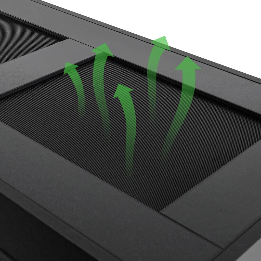 Close-up of reptile terrarium mesh top with green arrows, showing ventilation airflow