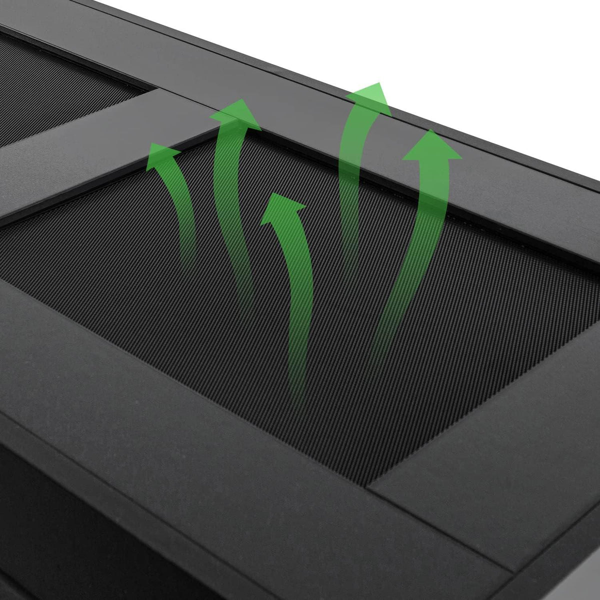 Close-up of reptile terrarium mesh top with green arrows, showing ventilation airflow