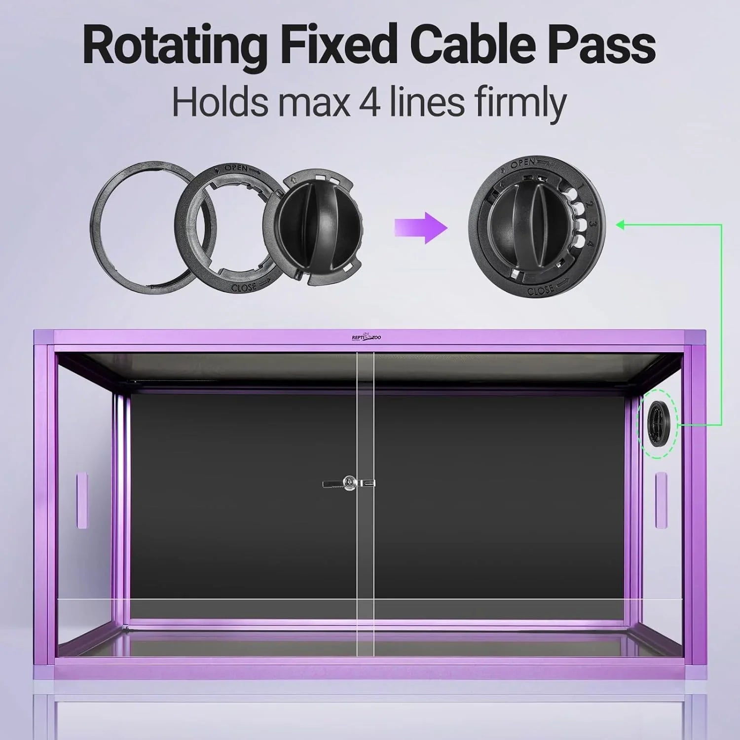 Purple reptile terrarium with rotating fixed cable pass for secure wiring management.