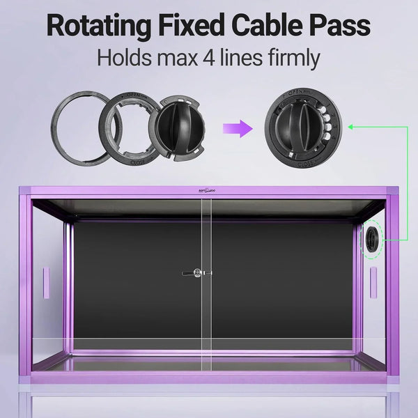 Purple reptile terrarium with rotating fixed cable pass for secure wiring management.