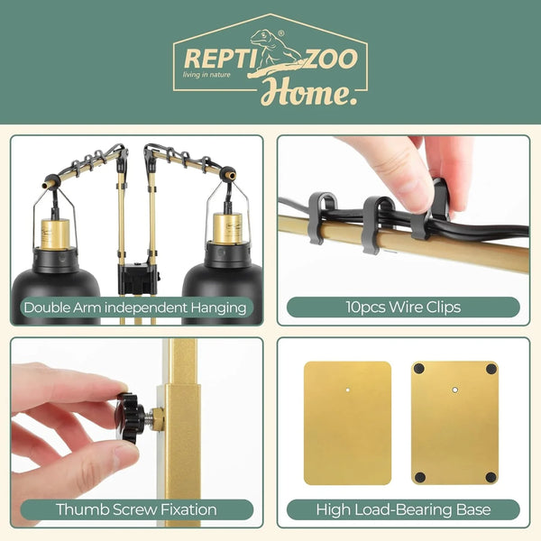 Reptile lamp stand with double arm hanging, wire clips, thumb screw fixation, load-bearing base