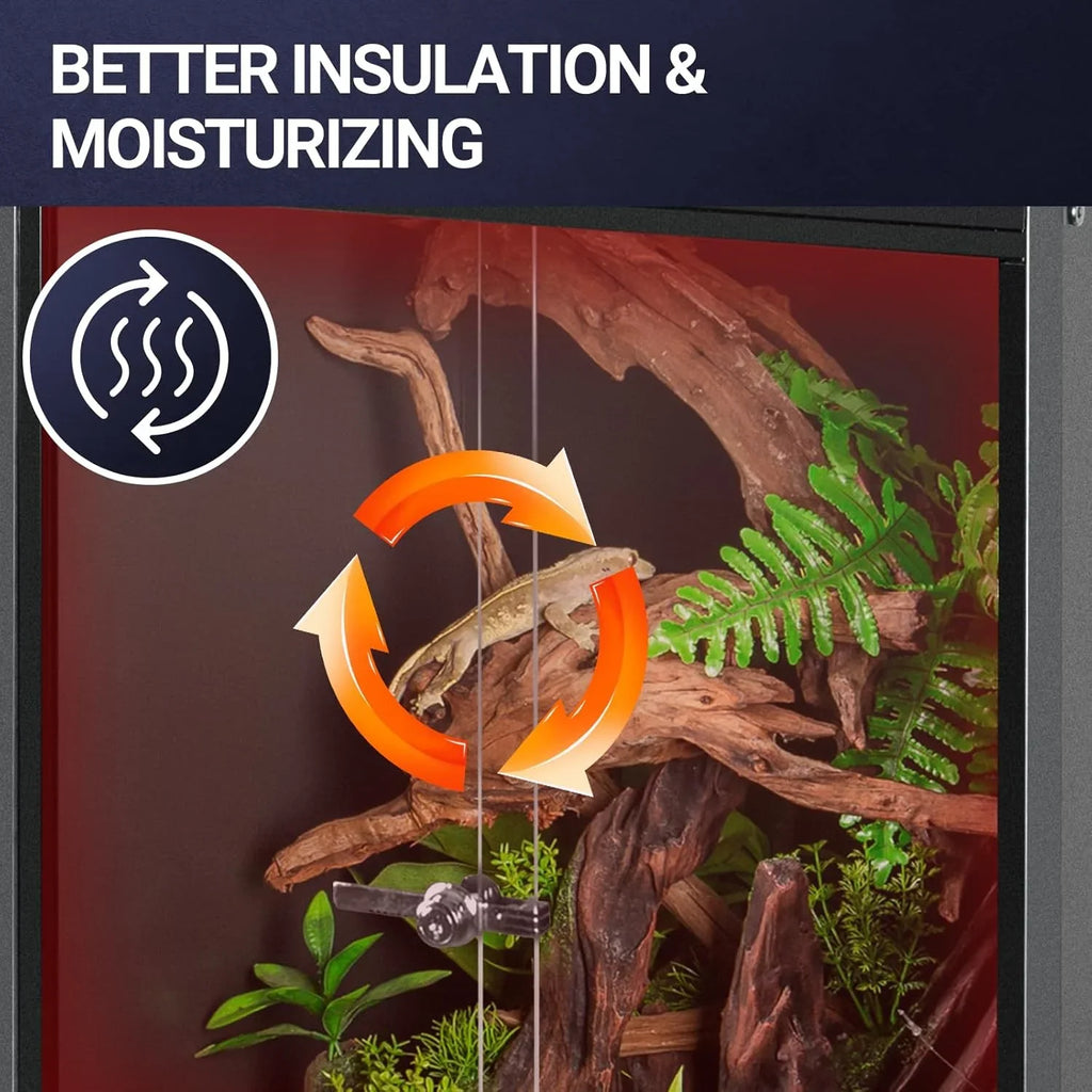 Reptile terrarium with branches, plants, and humidity arrows showing insulation benefits