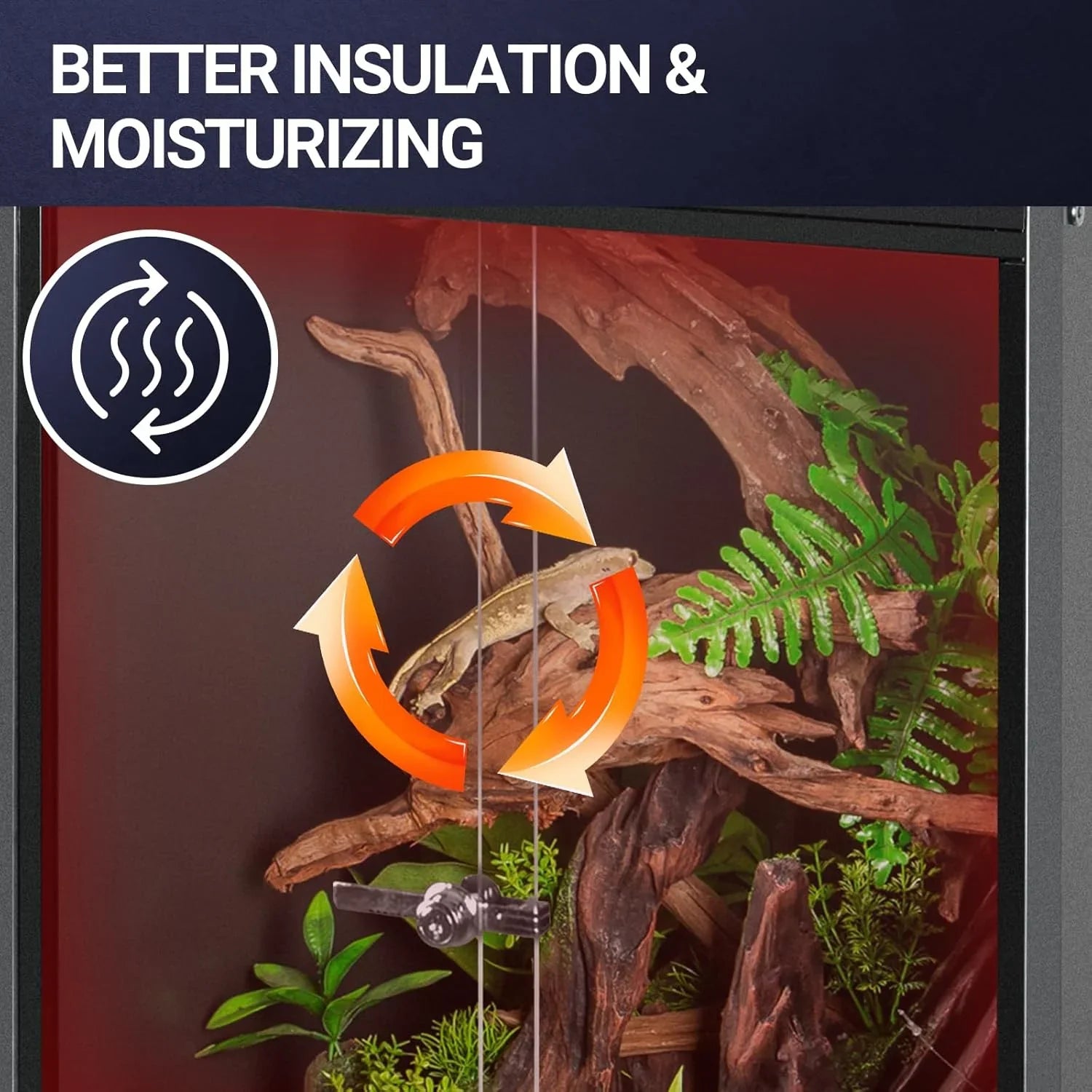 Reptile terrarium with branches, plants, and humidity arrows showing insulation benefits