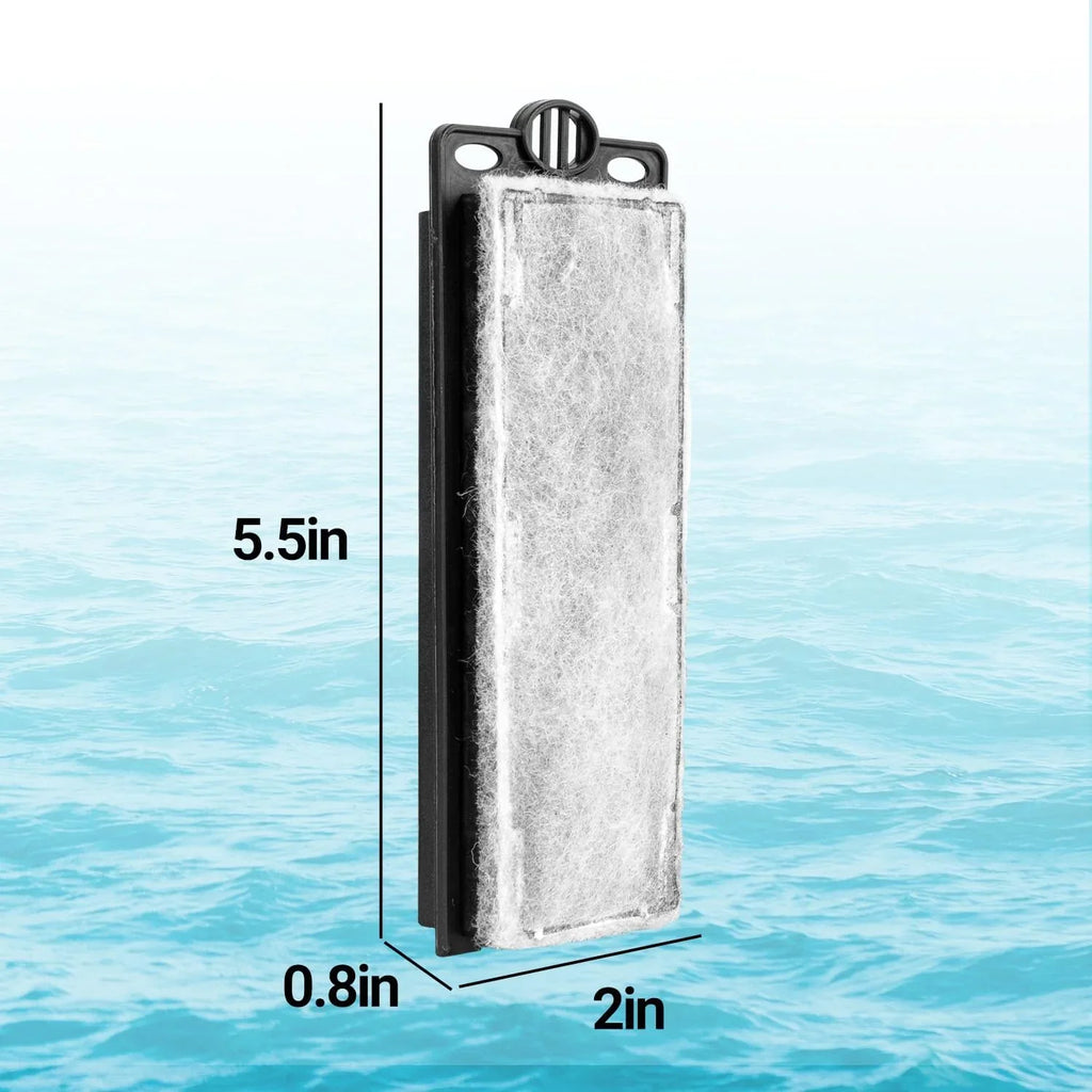 Rectangular reptile tank filter pad measuring 5.5 x 2 x 0.8 inches against water background