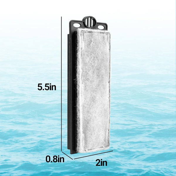 Rectangular reptile tank filter pad measuring 5.5 x 2 x 0.8 inches against water background