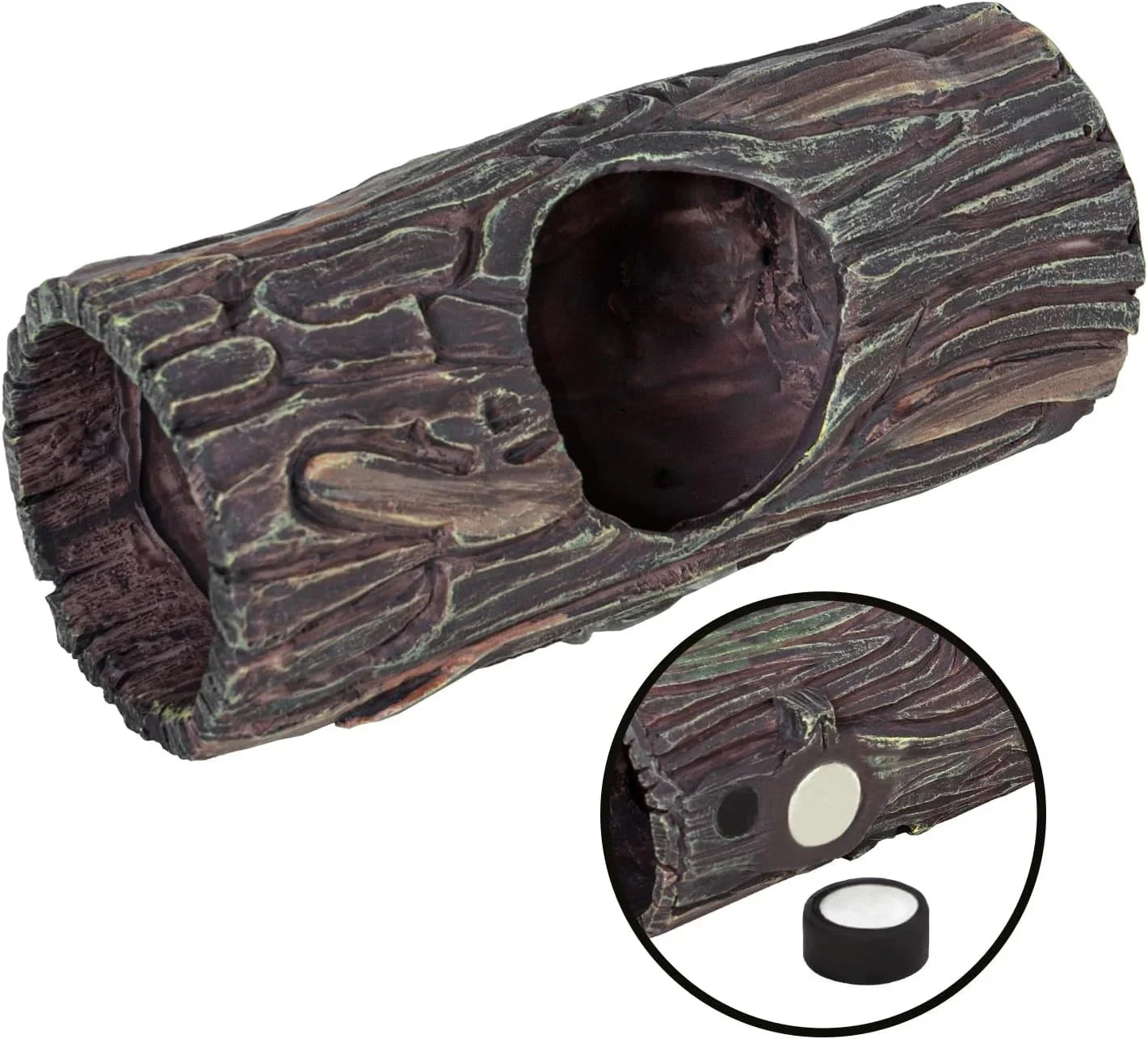 Resin reptile hideout log tunnel with side hole and inset hygrometer for terrarium habitat