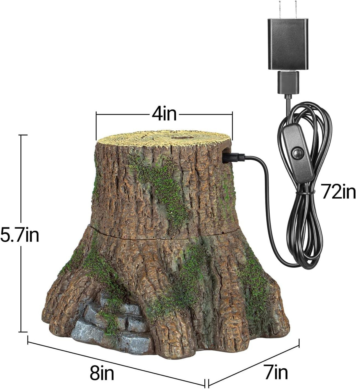 Artificial tree stump reptile hideout with moss texture, dimensions and power cord shown Main image