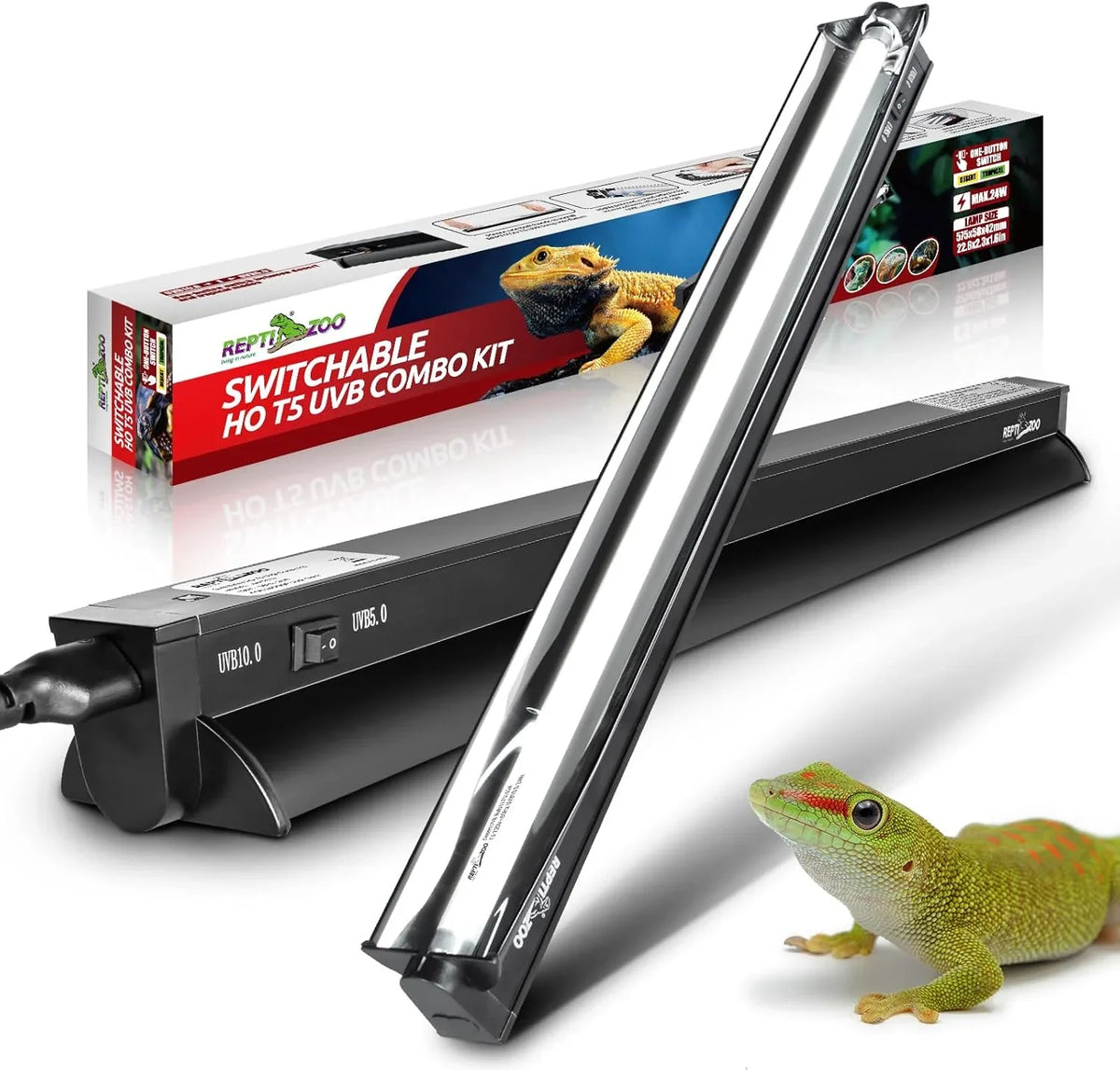 UVB combo kit for reptiles with switchable HO T5 light fixture and lizard in foreground Main image