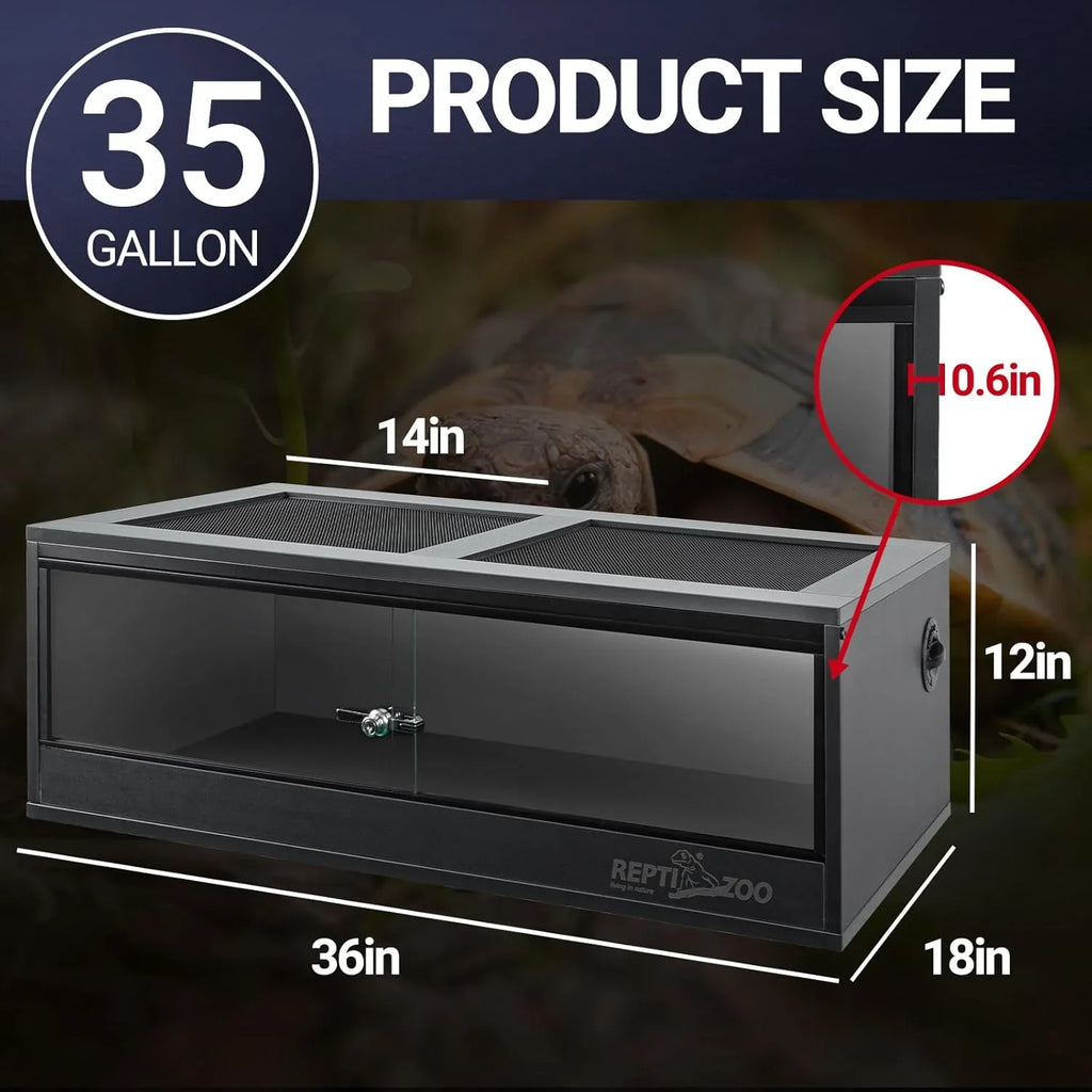 35 gallon glass reptile terrarium with mesh top, sliding doors, and labeled dimensions