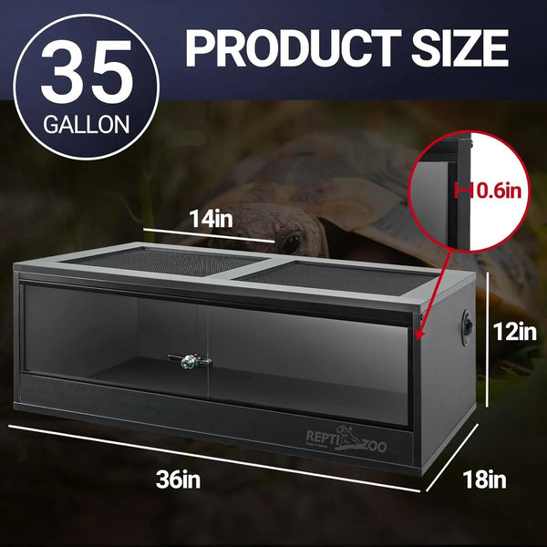 35 gallon glass reptile terrarium with mesh top, sliding doors, and labeled dimensions