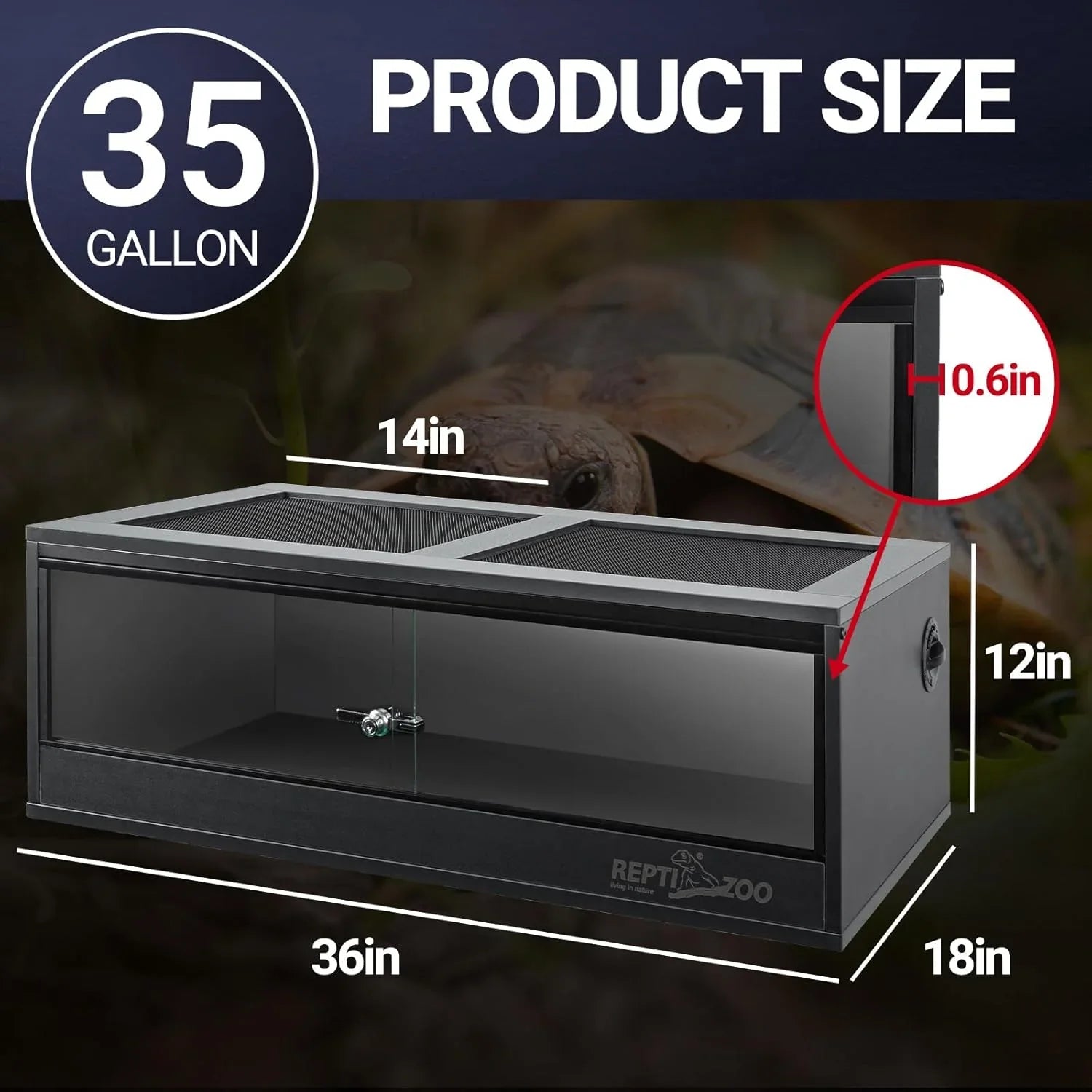 35 gallon reptile terrarium with sliding glass doors, mesh top, and labeled dimensions