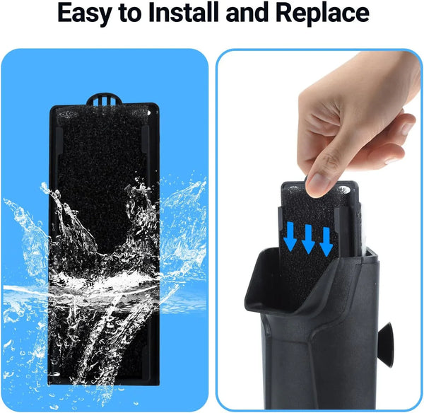 Easy-to-install reptile tank filter cartridge with hand inserting filter and water splash