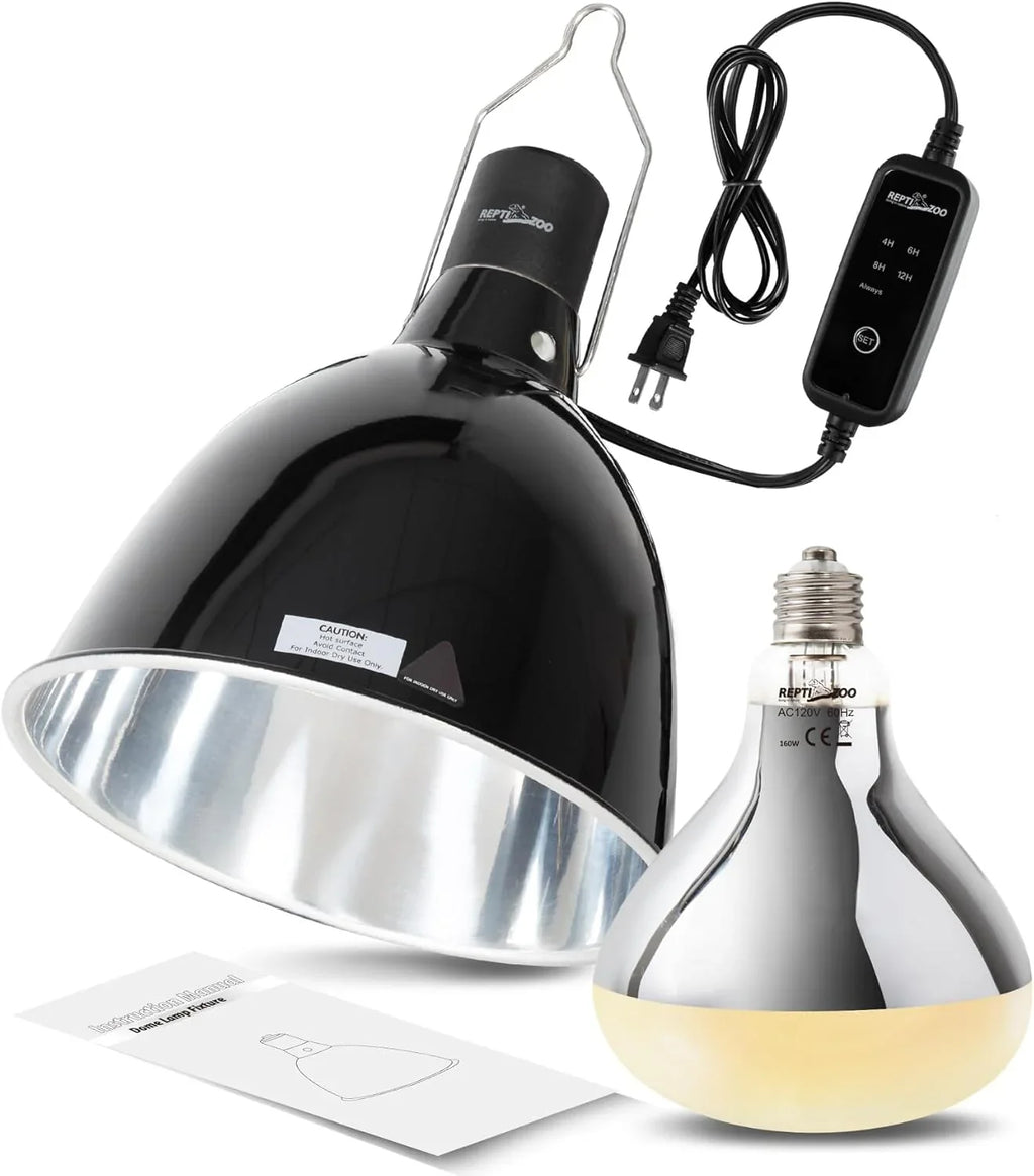 Reptile heat lamp kit with reflective dome, timer, and UVB bulb for terrarium lighting