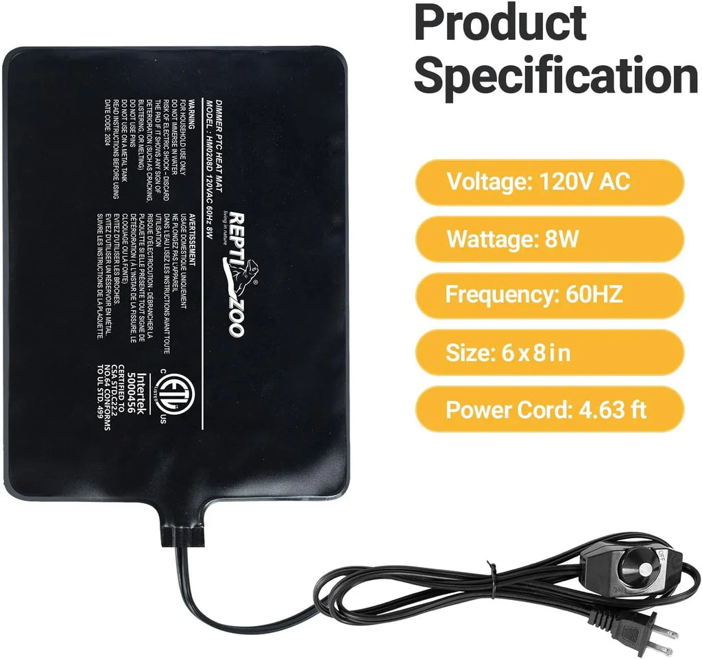 Black reptile heating pad with power cord, 6x8 inch, 8W, for terrarium temperature control