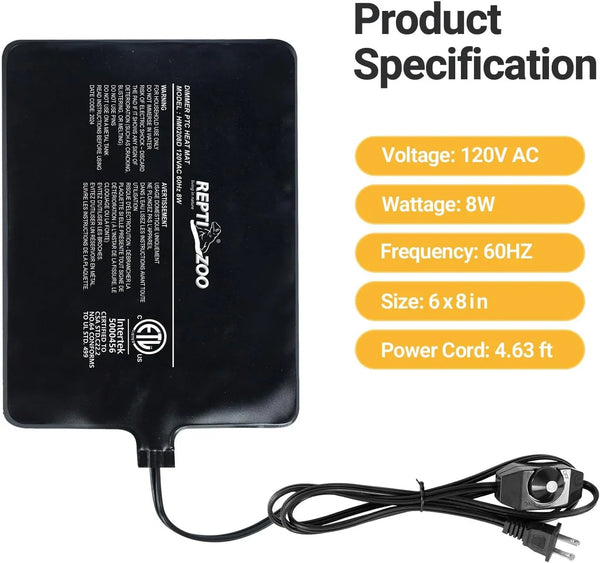 Black reptile heating pad with power cord, 6x8 inch, 8W, for terrarium temperature control