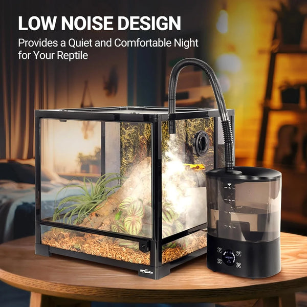 Glass reptile terrarium with humidifier, plants, and log on a wooden table indoors