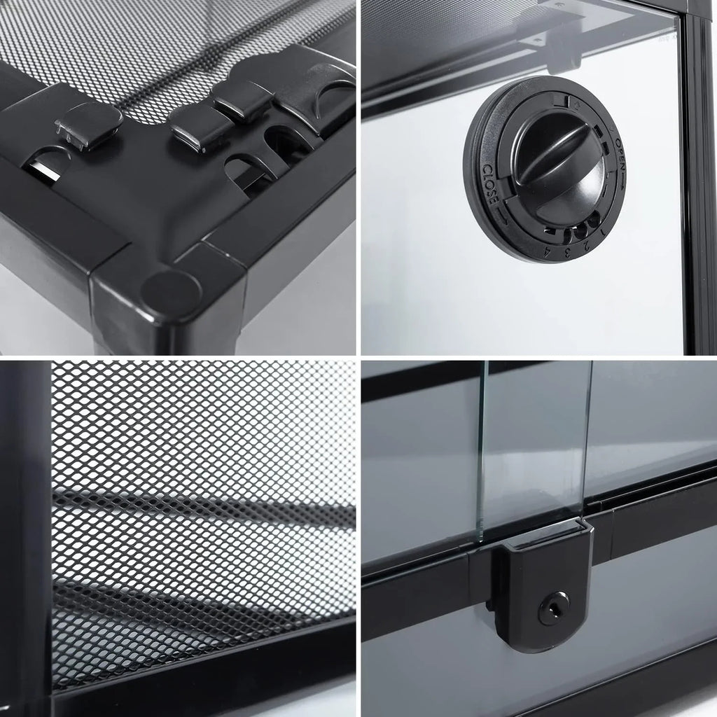 Close-up details of reptile terrarium with mesh top, locking latch, and adjustable vent.